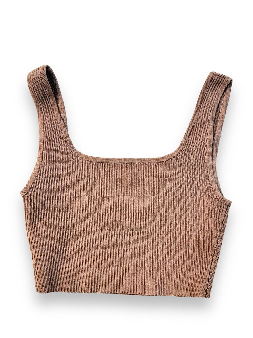 Aritzia Babaton Sculpt Ribbed Crop Tank Top Women's XXS Tan Brown Scoop Neck